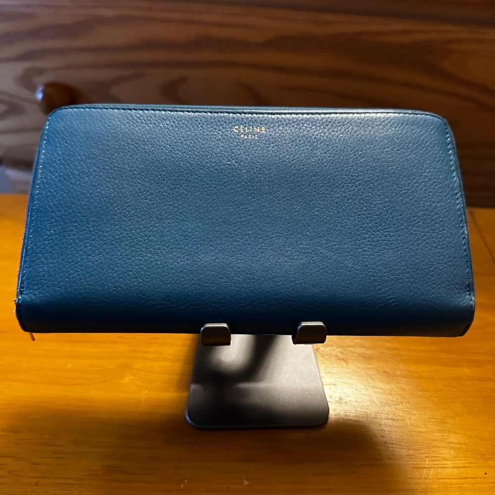 Celine Azure Blue Long Zip Wallet w/ Dove Gray Interior